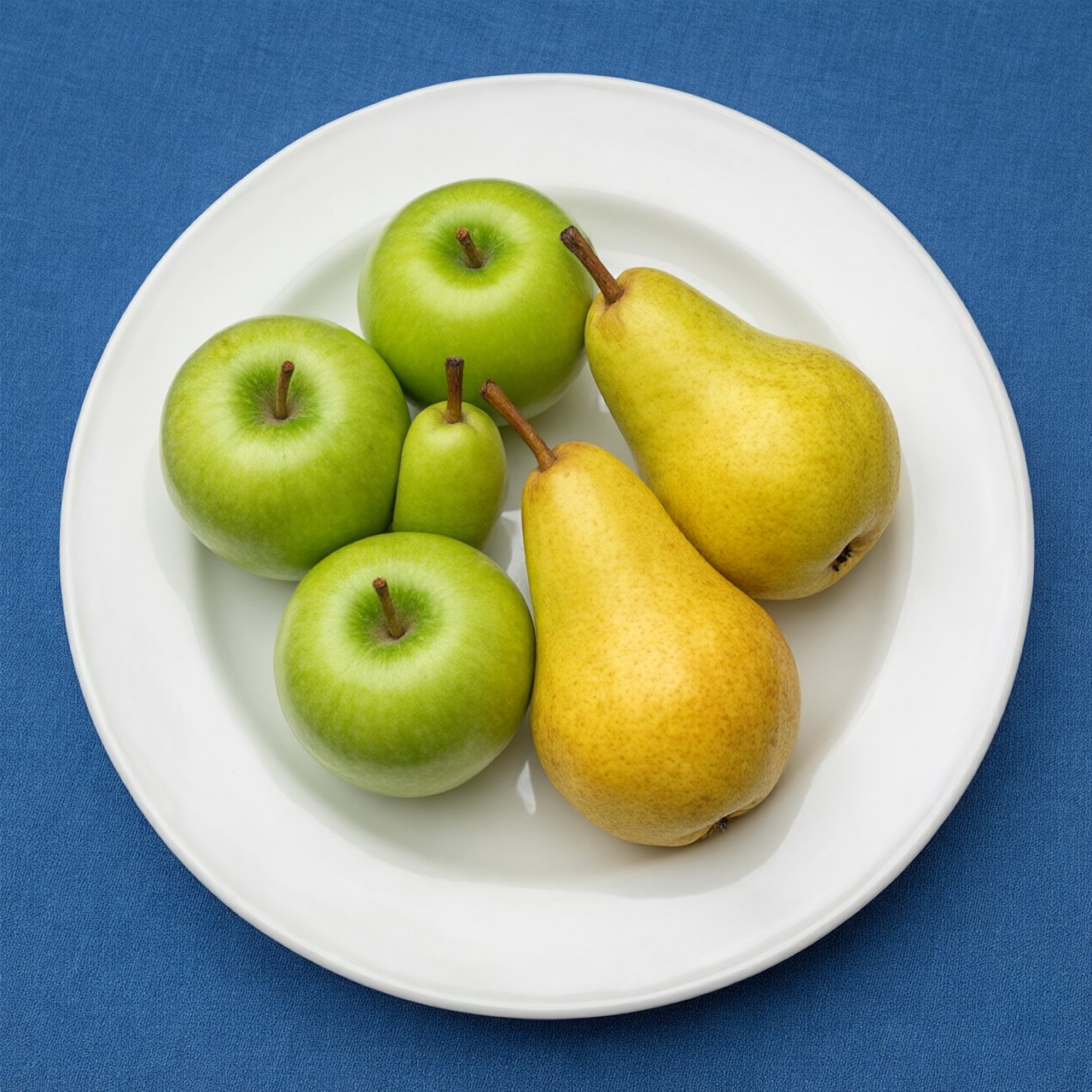 Exactly three green apples and two yellow pears on a white plate, the plate on a blue tablecloth, nothing else on the table. — Qwen Image 3.0
