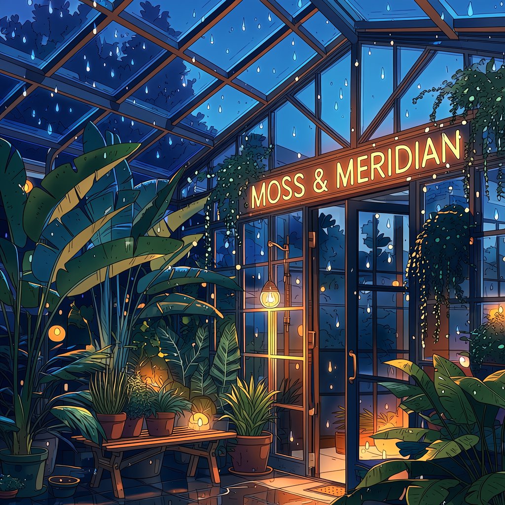Inside a rooftop greenhouse at blue hour, tropical leaves crowd iron beams above a quiet potting bench; "MOSS & MERIDIAN" glows in warm amber neon along the glass entrance, with rain beads catching the light. — Midjourney Niji 7