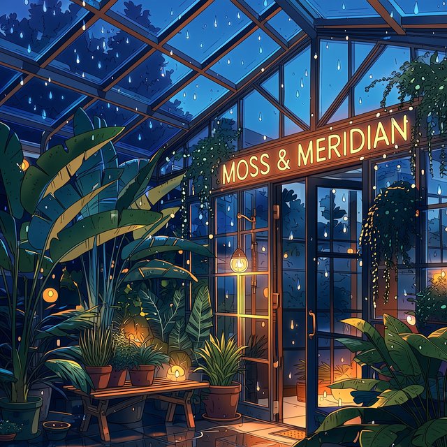 Inside a rooftop greenhouse at blue hour, tropical leaves crowd iron beams above a quiet potting bench; "MOSS & MERIDIAN" glows in warm amber neon along the glass entrance, with rain beads catching the light. — Midjourney Niji 7