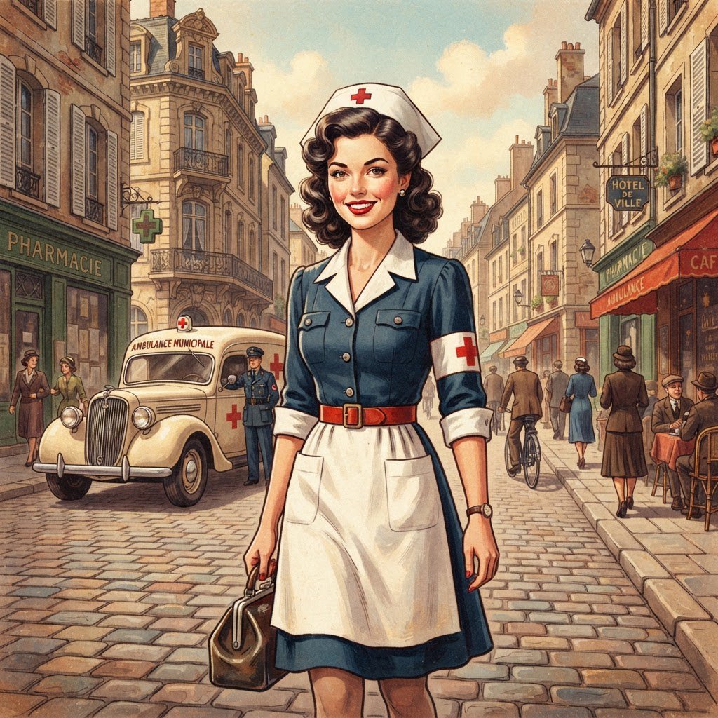A digital illustration depicts an attractive vintage-style nurse with fair skin and dark, curly hair styled in waves reminiscent of past decades. She wears red lipstick, a white nurse's cap, a uniform, and a cross emblem on her sleeve. A classic European street scene featuring an ambulance and old buildings forms the background. — Nano Banana 2 Lite