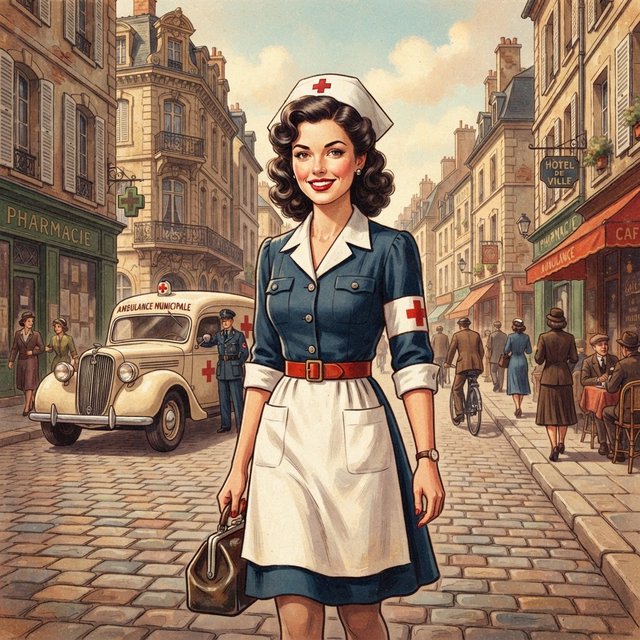 A digital illustration depicts an attractive vintage-style nurse with fair skin and dark, curly hair styled in waves reminiscent of past decades. She wears red lipstick, a white nurse's cap, a uniform, and a cross emblem on her sleeve. A classic European street scene featuring an ambulance and old buildings forms the background. — Nano Banana 2 Lite