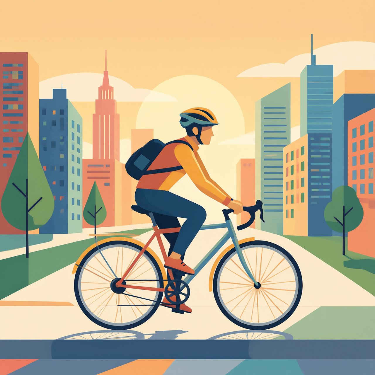 Flat vector illustration of a cyclist commuting through a city at sunrise, limited palette of five colours, geometric shapes. — Qwen Image 3.0