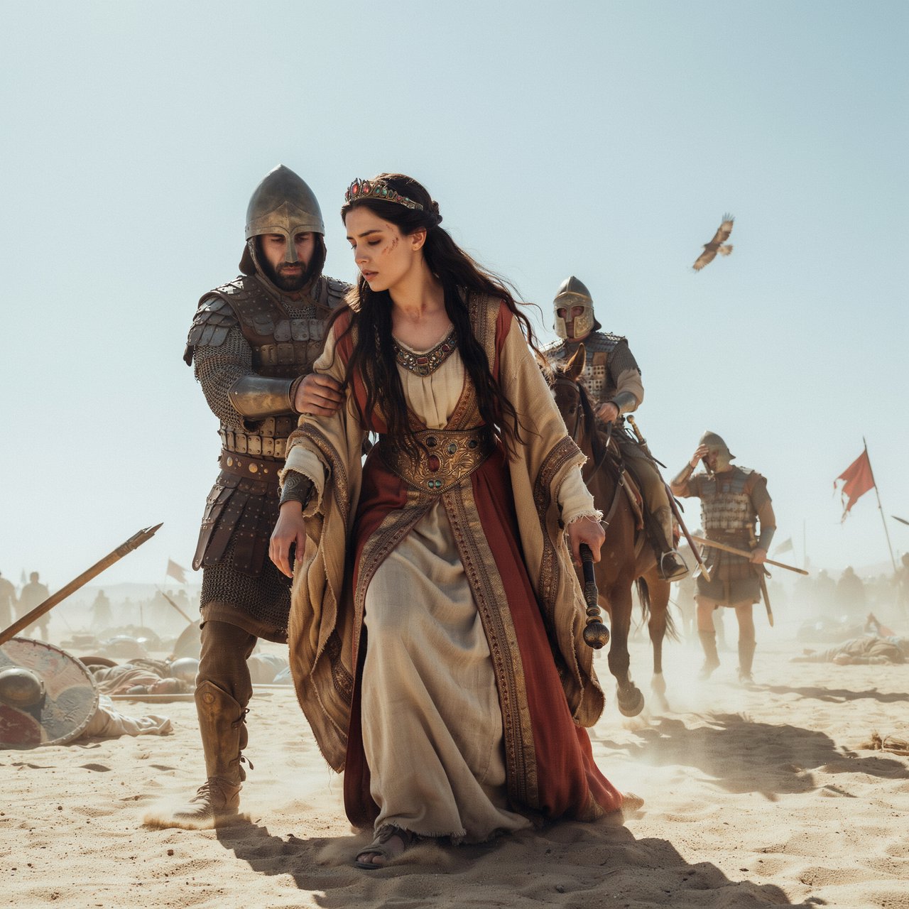 Film capture. Cinematic scene of the Byzantine empress being captured by Sassanid cataphracts. Harsh desert lighting. Shallow depth of field. The image takes place in the aftermath of a battle. All of the subjects are dusty and disheveled. — Ideogram v4