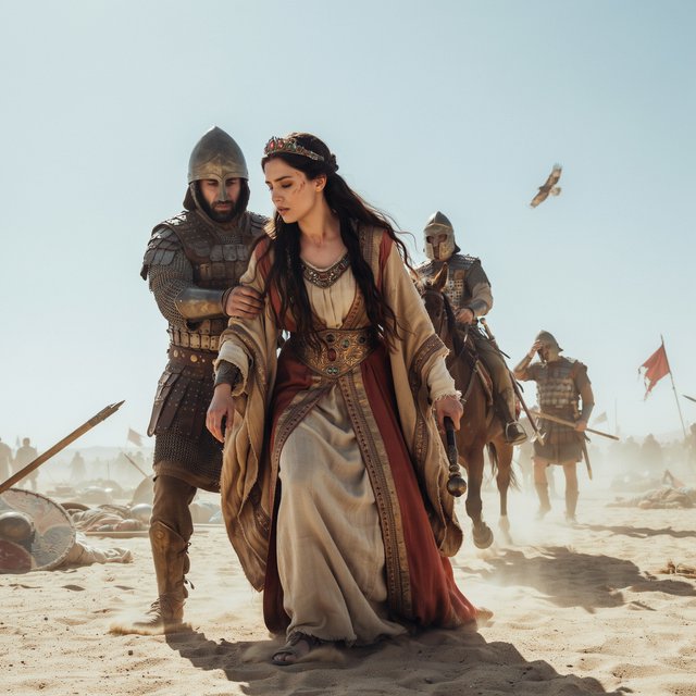 Film capture. Cinematic scene of the Byzantine empress being captured by Sassanid cataphracts. Harsh desert lighting. Shallow depth of field. The image takes place in the aftermath of a battle. All of the subjects are dusty and disheveled. — Ideogram v4