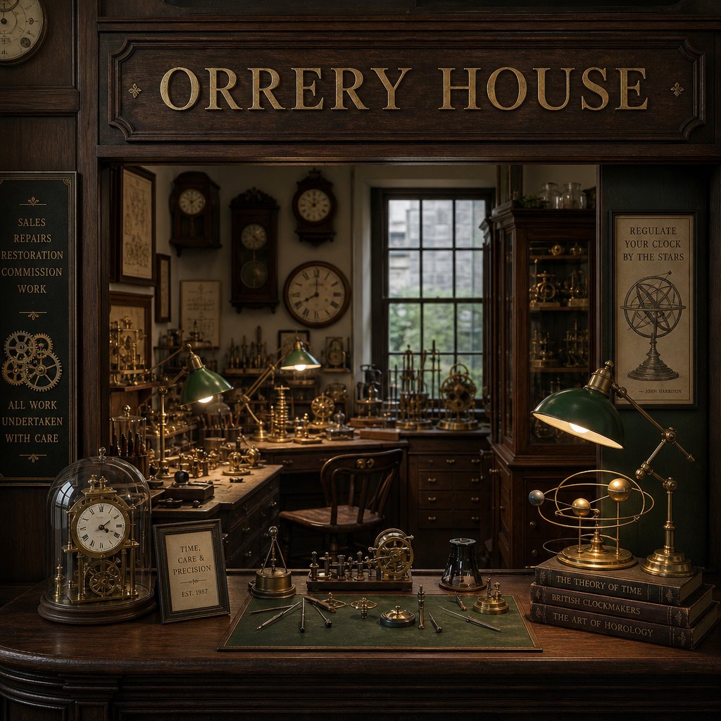 Inside a quiet clockmaker’s workshop, brass gears and tiny tools gleam beneath green-shaded lamps; "ORRERY HOUSE" is engraved in crisp serif letters on a dark walnut sign above the repair counter. — GPT Image 2