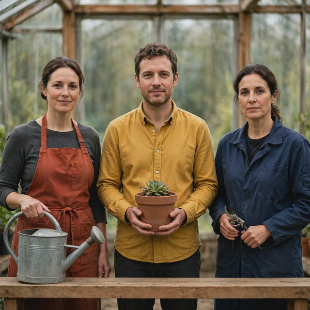 At a quiet greenhouse bench, exactly three adult botanists stand in a row: left wears a rust-red apron and holds a watering can, center wears a mustard shirt and holds a terracotta pot, right wears a navy jacket and holds pruning shears; nothing else. — Muse Image 1.0
