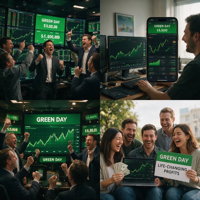People making successful trades. A totally green day. Making a lot of money (life-changing money). At least 4 scenes. — Seedream 5.0 Pro