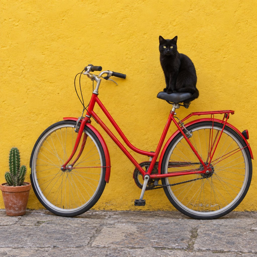 A red bicycle leaning against a yellow wall, a black cat sitting on the bicycle's saddle, a small potted cactus to the left of the bicycle. — GPT Image 2.5 Flare