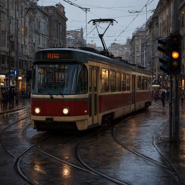At a rain-darkened intersection, a tram grinds through a curve, its steel wheels shining beneath amber signal glow. A street-level news photo, shot on a 35mm lens with moderate depth of field, catches beads of water on the windows and slight wheel blur. — Qwen Image 3.0 Pro