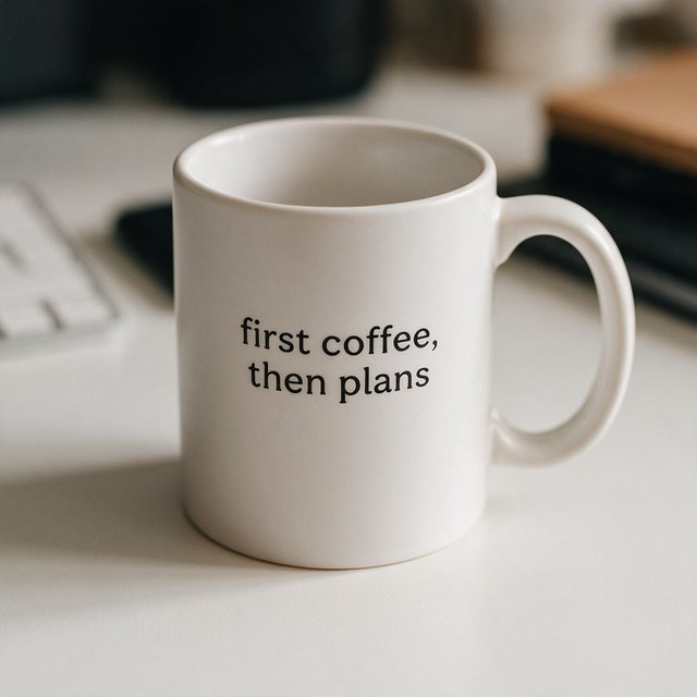 A white ceramic mug on a desk with the words "first coffee, then plans" printed in black lowercase sans-serif. — Seedream 5.0 Pro