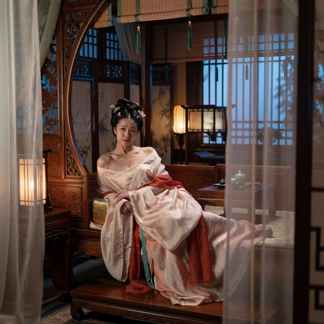 A beautiful adult Chinese woman in her 20s wearing an elegant, subtly sensual Song Dynasty–inspired hanfu with a loose off-shoulder neckline, gracefully exposing her shoulders and collarbones. She sits on an ornate wooden bed inside a refined ancient Chinese bedroom at night, surrounded by gauze curtains, carved screens and softly glowing lanterns. Moonlight filters through the lattice window, creating a romantic, intimate atmosphere. Luxurious silk fabrics, delicate hair ornaments, natural feminine pose, cinematic lighting, historically inspired details, tasteful and sophisticated. — ImagineArt 2