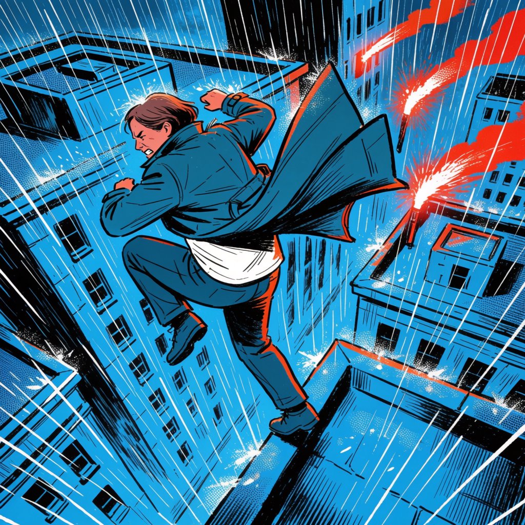 An adult rooftop courier vaults between rain-dark towers, coat snapping as signal flares streak behind; bold ink comic-panel illustration with dense halftone shadows, palette of electric cyan, vermilion, charcoal, and cream, no speech bubbles. — Krea 2 Medium