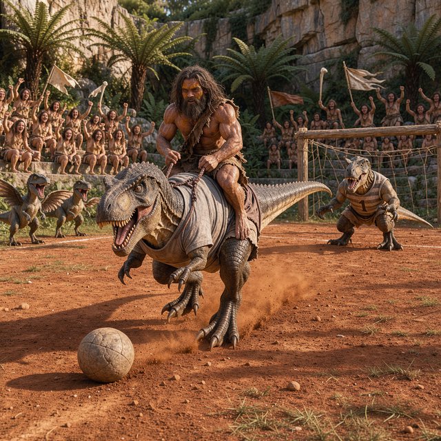 Wide shot of a golden-hour prehistoric football match, photorealistic, cinematic. A weathered, muscular adult caveman with ochre face paint sits upright on a plump medium T-Rex's back, gripping a braided leather leash. The mounted T-Rex strains mid-kick, wearing a tiny faded grey cotton T-shirt riding up over its scaled shoulders and frayed athletic shorts bunched at its hips, one massive clawed foot cocked back behind a pockmarked 3ft stone football. A weathered timber goalpost stands 20 yards ahead; the opposing T-Rex goalie hunches ready in a sleeveless striped jersey #1 and grass-stained shorts, claws dug into dusty red earth. Sunlit bleachers line the natural rock arena: cheering adult cave families wave bone flags, assorted small dinosaurs bounce and roar along the sidelines, warm late-afternoon light gilds fern fronds and dinosaur scales, soft long shadows stretch across the playing field, playful triumphant atmosphere, sharp focus on the kicking T-Rex, shallow depth of field on spectators. — FLUX 3 Image