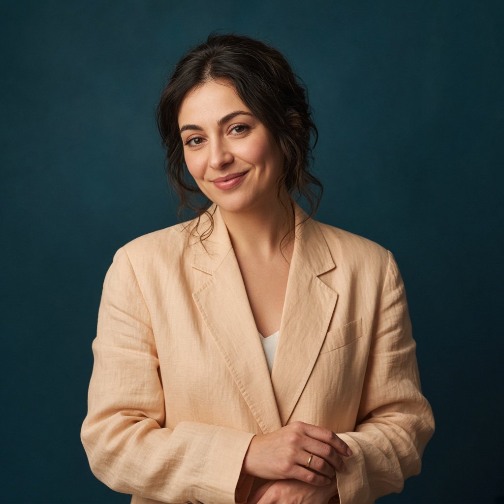 Portrait photograph of an adult woman in her early 30s wearing a pale apricot linen blazer, her hands gently smoothing its cuff. She looks quietly delighted against a deep teal paper backdrop, illuminated by soft, angled studio light. — Grok Imagine Image 2