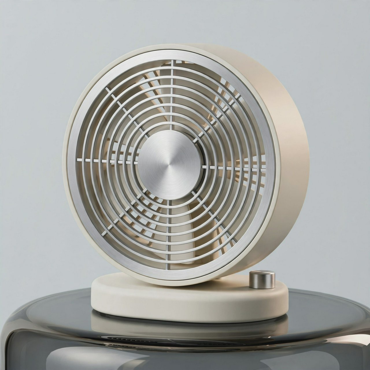 Commercial product photograph of an unbranded desktop fan made from brushed aluminum and matte ivory polymer, resting on a smoked glass surface against a pale gray background, illuminated by broad diffused studio light and a soft rear rim light. — Muse Image 1.0