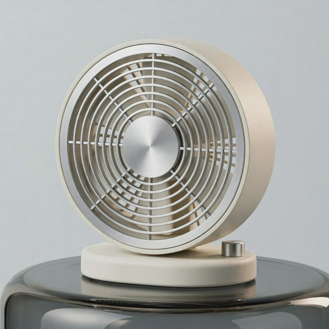 Commercial product photograph of an unbranded desktop fan made from brushed aluminum and matte ivory polymer, resting on a smoked glass surface against a pale gray background, illuminated by broad diffused studio light and a soft rear rim light. — Muse Image 1.0