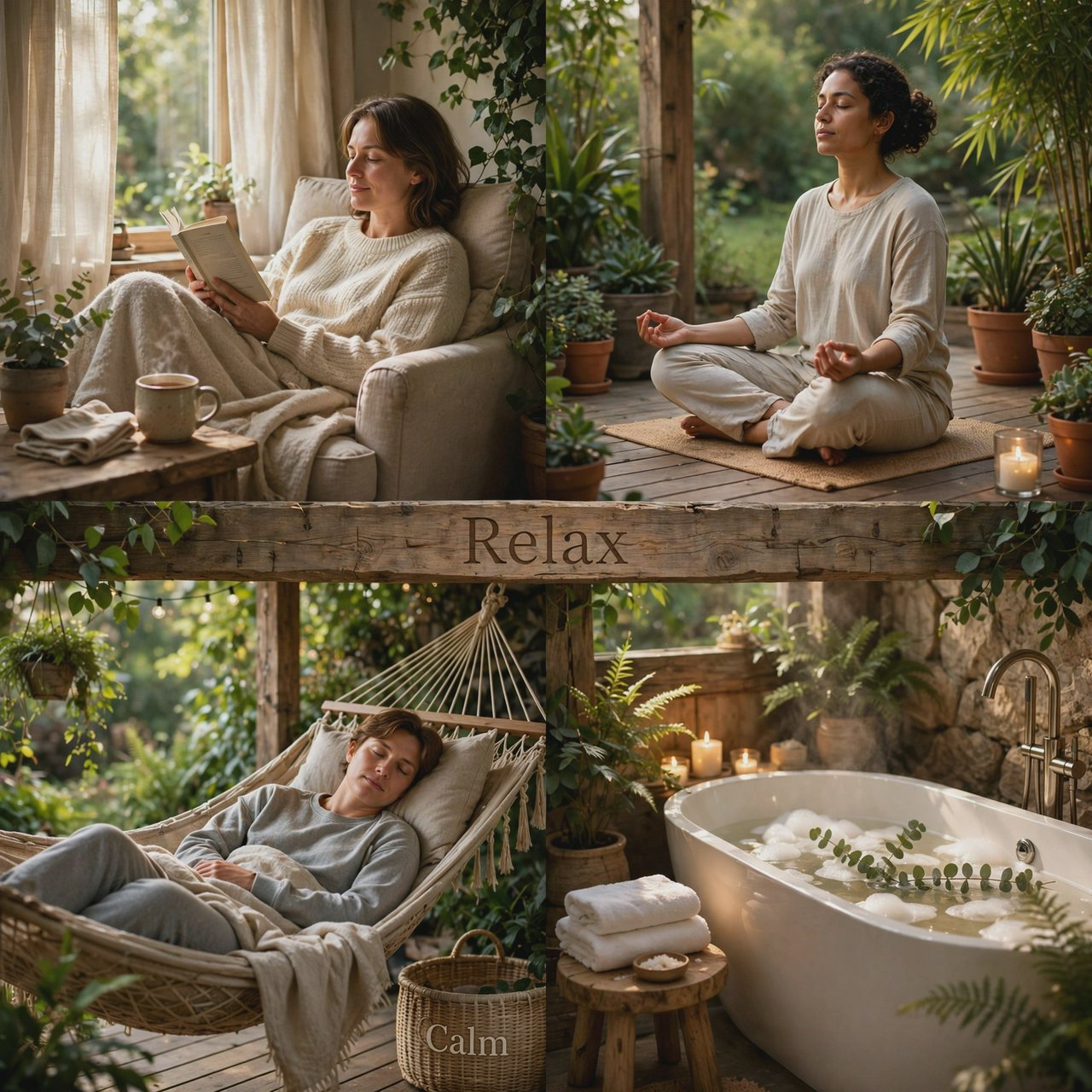 An image representing the word and concept of “Relaxing.” There are at least 4 moments that represent this. The word “Relax” and another word representing it are hidden naturally in the background. — Muse Image 1.0