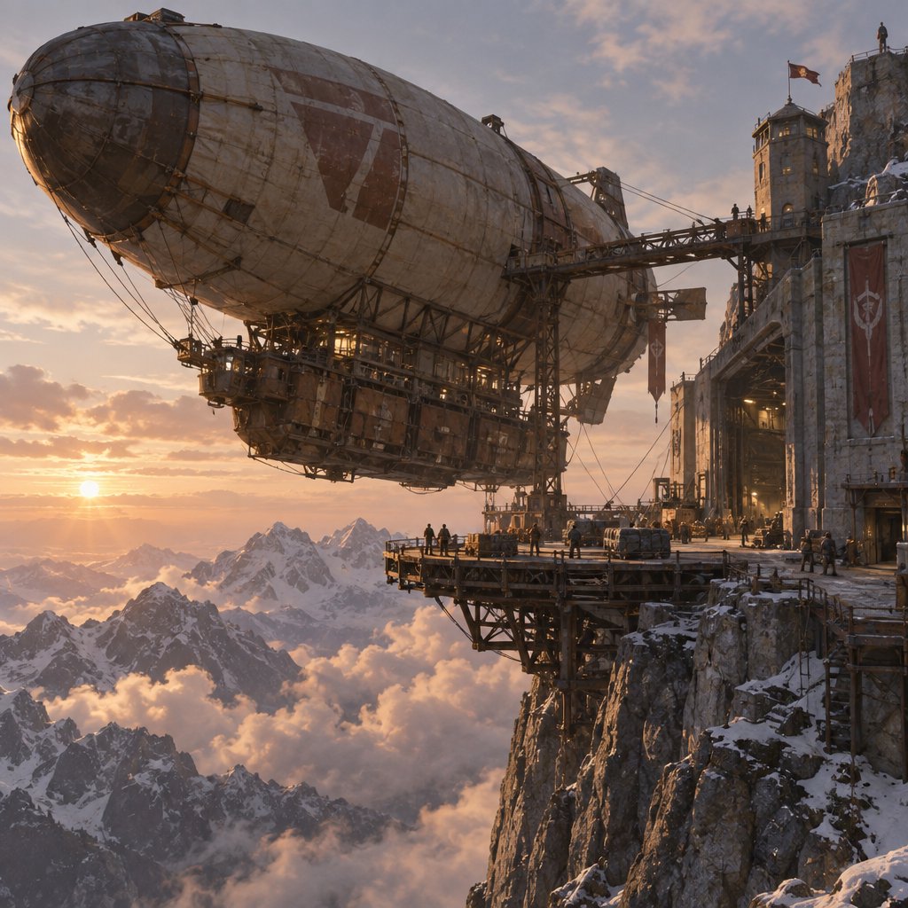 Concept art of a weathered cargo airship docking at a mountaintop station, crew tiny for scale, late afternoon light. — GPT Image 2.5 Sunburst