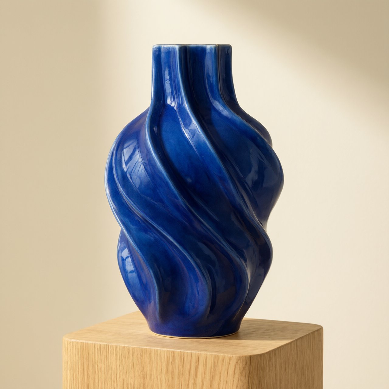 Commercial product photograph of an unbranded sculptural ceramic vase, formed from glossy cobalt porcelain, standing on a pale oak pedestal against a warm ivory background, illuminated by soft directional daylight and subtle fill. — Qwen Image 3.0
