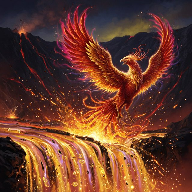 A majestic phoenix rising from a cascade of molten gold and shimmering embers against a backdrop of a dark, volcanic caldera. Its feathers are ablaze with brilliant oranges, reds, and fiery yellows. The air around it crackles with heat and energy. Style: Epic fantasy art with dynamic composition and vibrant color contrast — Grok Imagine Image Quality