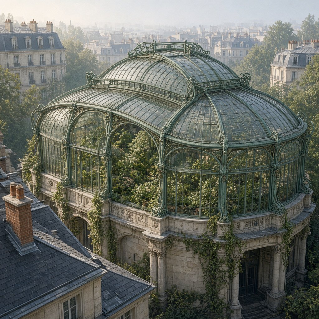From a nearby rooftop, an Art Nouveau conservatory curves around a planted courtyard, its green copper ribs, clear glass, and pale stone base catching hazy morning light; orderly rooflines and believable supports show from above. — Grok Imagine Image 2
