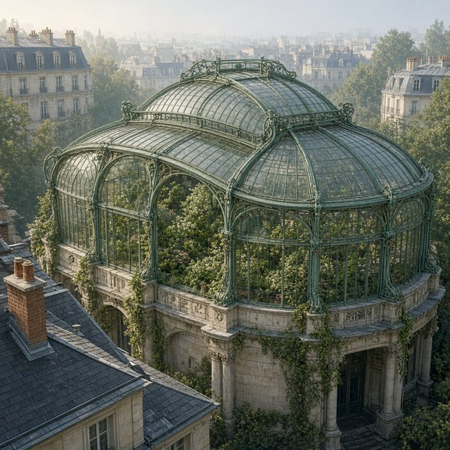 From a nearby rooftop, an Art Nouveau conservatory curves around a planted courtyard, its green copper ribs, clear glass, and pale stone base catching hazy morning light; orderly rooflines and believable supports show from above. — Grok Imagine Image 2