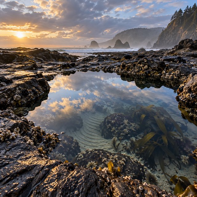 At dawn on a rugged basalt shore, a tide pool mirrors clearing rain clouds; translucent water reveals rippled sand, barnacle-crusted rock, and blurred kelp below the surface, with slick foreground stone leading toward hazy coastal cliffs. — GPT Image 2.5 Sunburst