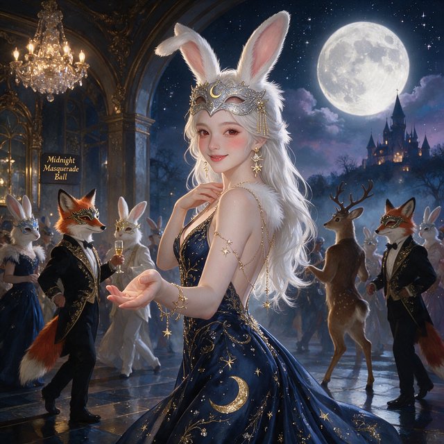 Create the most glamorous and mysterious midnight masked-ball scene, where various alluring anthropomorphic animals, such as foxes, deer, and rabbits, pose and dance under the moon. They wear moon-themed masks. In the middle foreground stands the most exquisite, alluring human-rabbit hybrid, with long white rabbit ears, a pulchritudinous East Asian face, an hourglass figure, rabbit-fur features, and human skin blended aesthetically. She wears the most exquisite silk dress with moon patterns and cross-star embroidery. She poses in a beckoning gesture, inviting the viewer to be her dance partner at the masquerade. No speech. — Seedream 5.0 Pro
