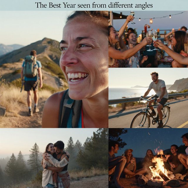 A realistic image where the theme is all about people having the best year ever. 4–6 moments seen from different angles. At the top it says, "The Best Year seen from different angles". — ImagineArt 2