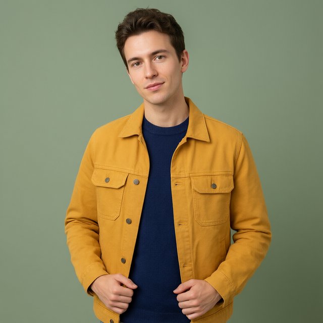 Fashion portrait of an adult nonbinary person in their late twenties wearing a structured saffron-yellow canvas jacket over a fine-gauge navy merino top, hands resting on the jacket hem. Their bright, self-assured expression contrasts with a softly lit sage-green backdrop. — Qwen Image 3.0