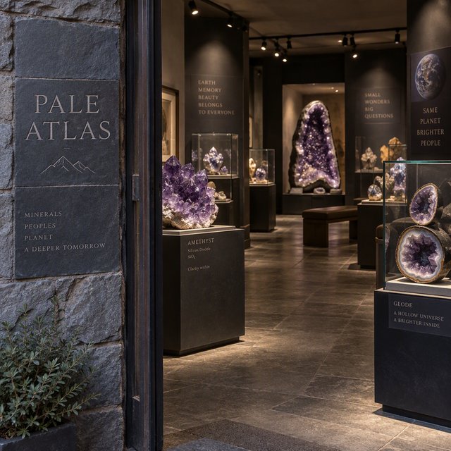 Within a quiet mineral gallery, amethyst clusters and polished geodes catch pools of light; "PALE ATLAS" is carved in clean capitals across a slate plaque beside the entrance. — GPT Image 2.5 Sunburst