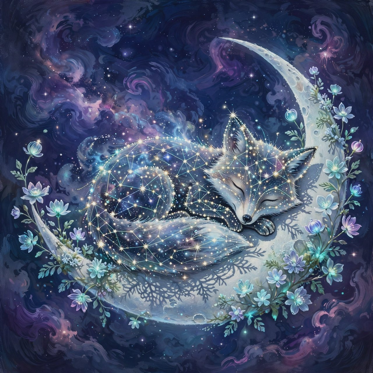 A miniature, intricately detailed fox crafted from living constellations, curled asleep atop a crescent moon. Surrounding it are delicate, bioluminescent flowers that pulse with gentle light, casting intricate shadows. The background is a deep indigo sky filled with swirling nebulae and distant, twinkling stars. The overall aesthetic is dreamlike and whimsical, with a painterly finish and a touch of cosmic wonder. — Muse Image 1.0