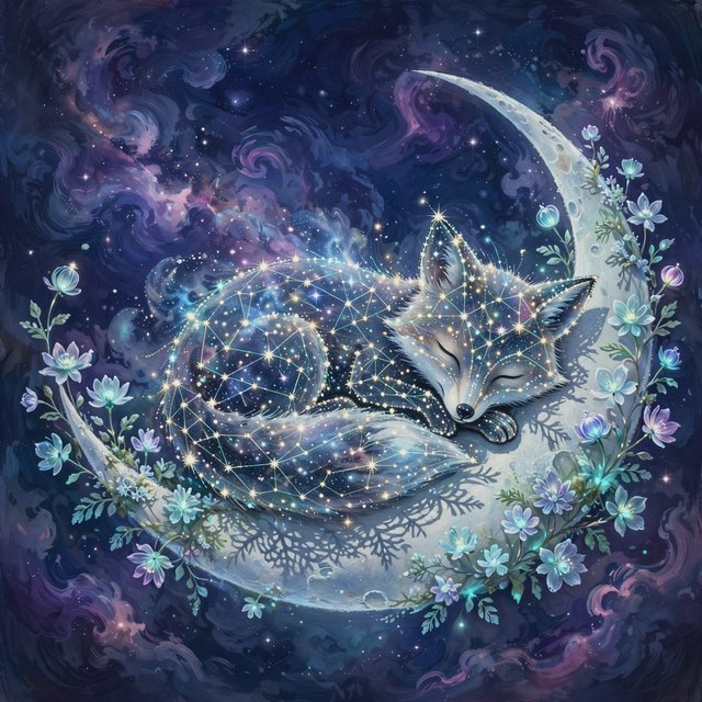 A miniature, intricately detailed fox crafted from living constellations, curled asleep atop a crescent moon. Surrounding it are delicate, bioluminescent flowers that pulse with gentle light, casting intricate shadows. The background is a deep indigo sky filled with swirling nebulae and distant, twinkling stars. The overall aesthetic is dreamlike and whimsical, with a painterly finish and a touch of cosmic wonder. — Muse Image 1.0