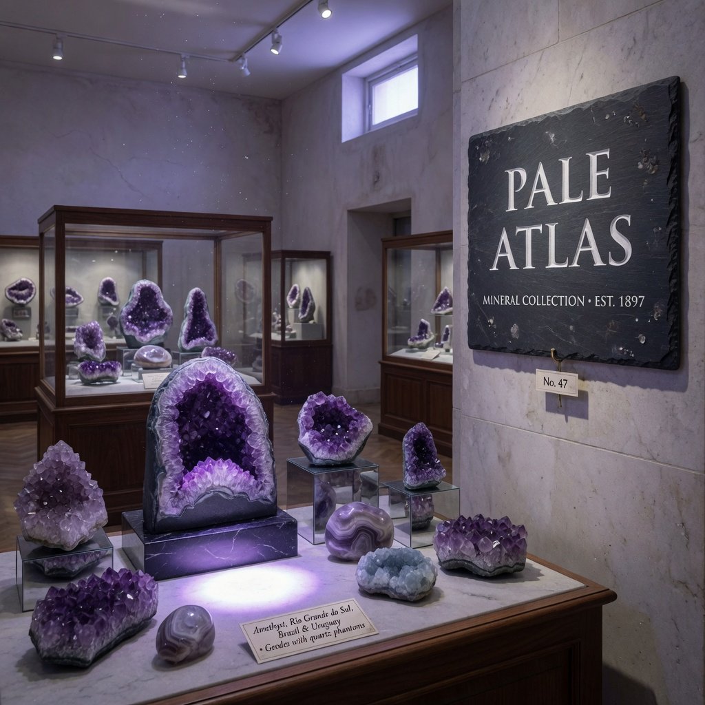 Within a quiet mineral gallery, amethyst clusters and polished geodes catch pools of light; "PALE ATLAS" is carved in clean capitals across a slate plaque beside the entrance. — Grok Imagine Image Quality