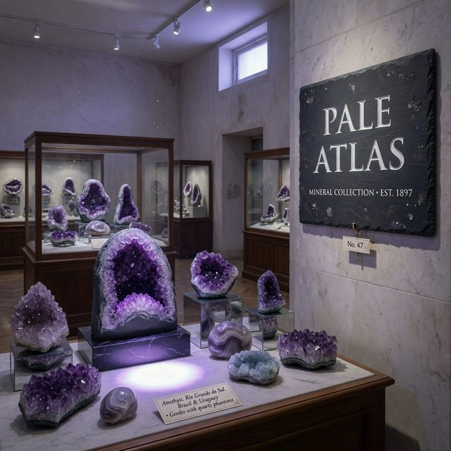Within a quiet mineral gallery, amethyst clusters and polished geodes catch pools of light; "PALE ATLAS" is carved in clean capitals across a slate plaque beside the entrance. — Grok Imagine Image Quality