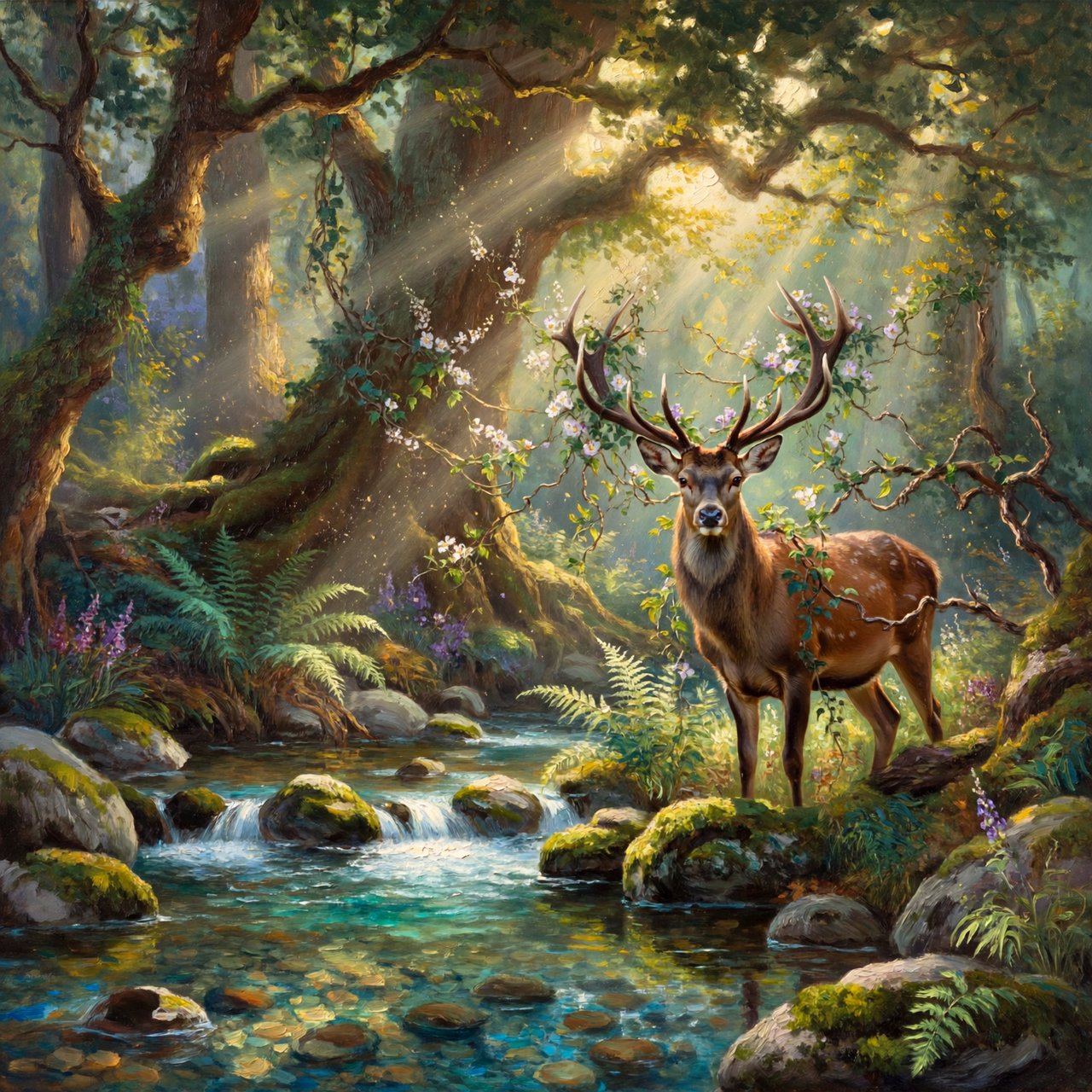 A majestic deer, its antlers intertwined with blooming vines, pauses by a crystal-clear stream in an enchanted glade. Sunlight filters through the canopy, dappling the forest floor. This is an oil painting with a rich, textured surface, capturing the dreamlike atmosphere of the scene. — ImagineArt 2