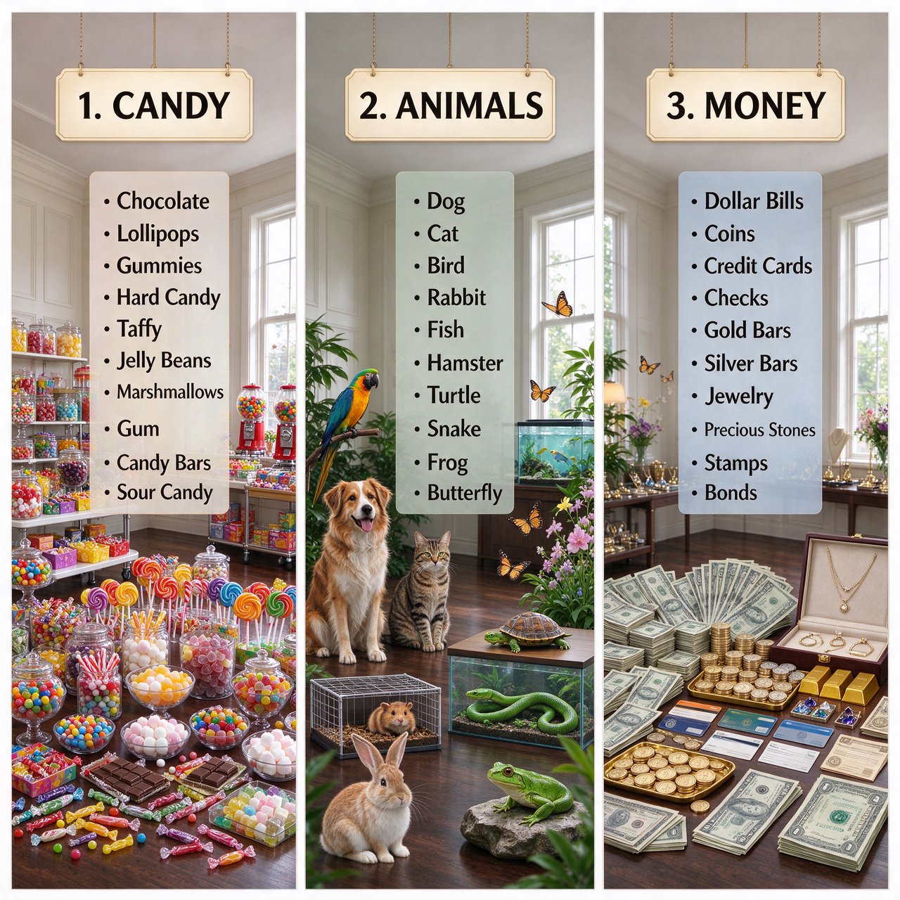 Realistic. Three scenes in one. 1) A room filled with many types of candy. 2) A room filled with many kinds of animals. 3) A room filled with all kinds of money. Above each room, a list names what is inside. — Seedream 5.0 Flash