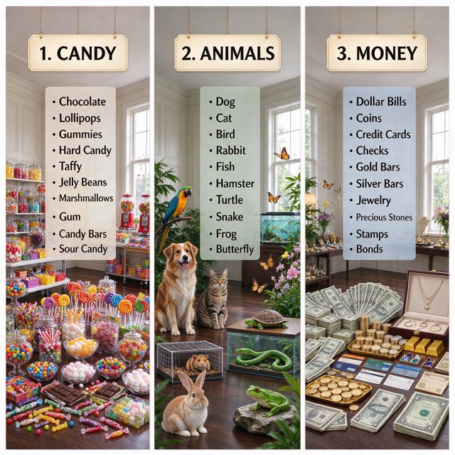 Realistic. Three scenes in one. 1) A room filled with many types of candy. 2) A room filled with many kinds of animals. 3) A room filled with all kinds of money. Above each room, a list names what is inside. — Seedream 5.0 Flash