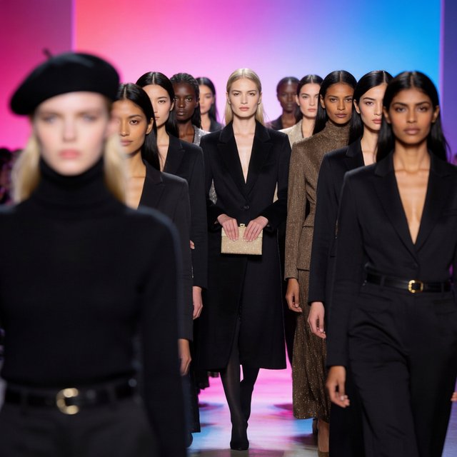 Adult female fashion models on the runway. There are models of all races: white, Black, Asian, Mexican, Indian, mixed race, etc. The vibe is cool and fierce. Many angles. — Krea 2 Medium