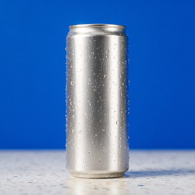 A slim, unbranded sparkling-water can of brushed aluminum, beaded with condensation, stands on a pale terrazzo surface against a seamless electric-blue background; broad overhead diffusion and a crisp side strip create clean highlights, with no lettering or graphics. — Seedream 5.0 Pro