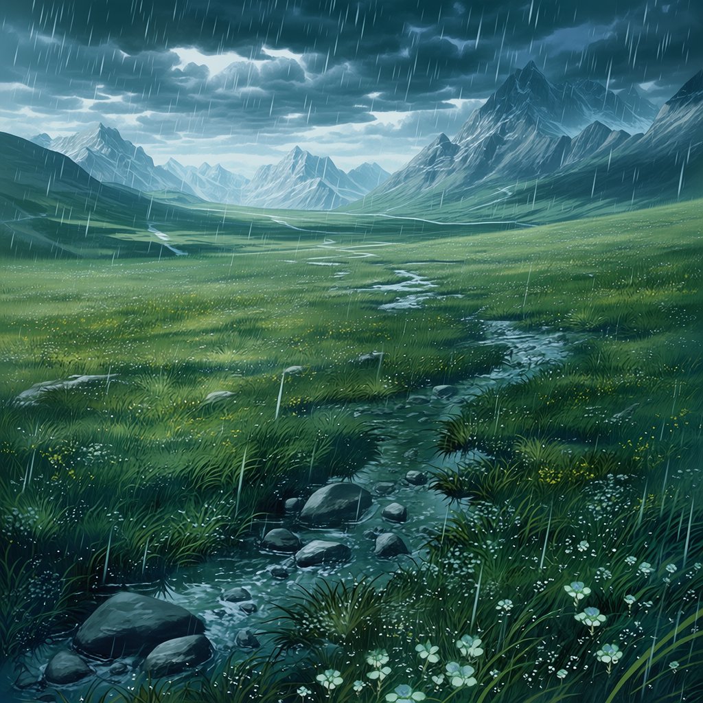 A windswept alpine meadow beneath heavy morning clouds, fresh rain darkening the grasses, a braided stream winding toward distant snowcapped peaks, tiny wildflowers and wet stones sharpening the foreground texture and layered depth. — Midjourney Niji 7