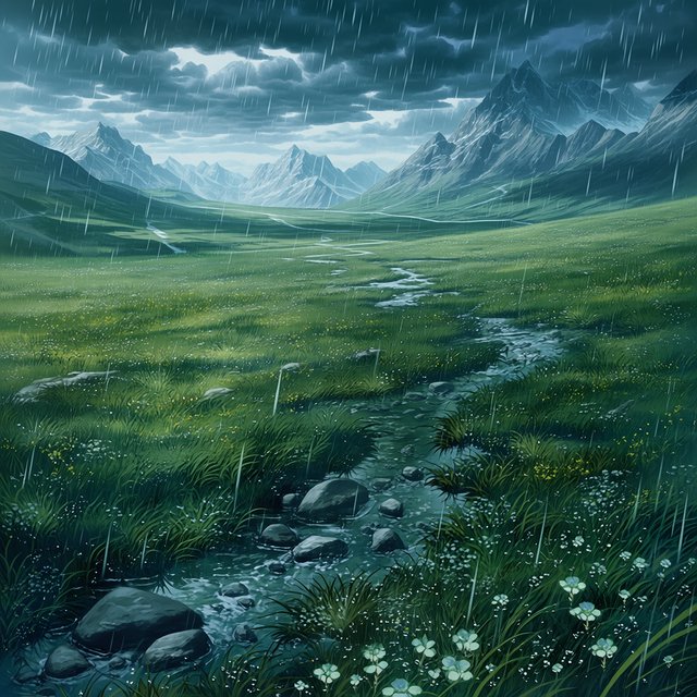 A windswept alpine meadow beneath heavy morning clouds, fresh rain darkening the grasses, a braided stream winding toward distant snowcapped peaks, tiny wildflowers and wet stones sharpening the foreground texture and layered depth. — Midjourney Niji 7