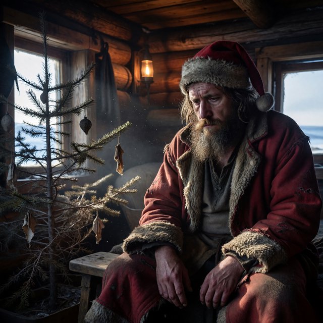 A melancholic, somewhat disheveled Santa Claus in a worn, dirty coat. He sits in his cabin at the North Pole next to a desolate, needleless Christmas tree, its decorations hanging only sporadically. The aura radiates a quiet despair. — ImagineArt 1.5 Pro