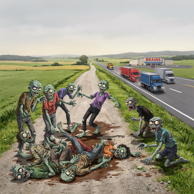 Several weird-looking zombies, some cross-eyed and some wide-eyed, are heading towards a superstore far ahead named "Brains". The superstore is located beside a highway with some trucks driving along it. The zombies are on a rural road connecting to the highway. There are patches of mud in one place on the rural road. The zombies are slipping on the mud and falling—some on their faces, some on their backs, and some on top of other zombies. A couple of fallen zombies are crawling up to the highway, where speeding trucks are passing by. Make it dramatic but funny. — Model 8