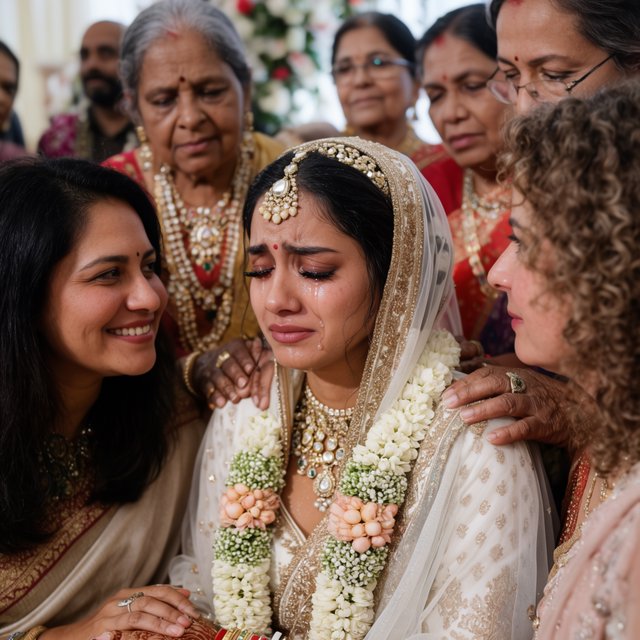 A realistic scene of an Indian wedding showing the emotions of the adult bride and her adult family members — Krea 2 Large