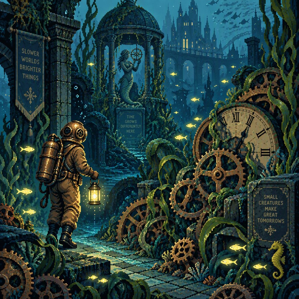A brass-suited adult diver explores a submerged clockwork garden, where kelp curls around sunken gears and tiny fish glow in the dark; pixel art illustration, palette of teal, copper, midnight blue, and lemon yellow. — GPT Image 2.5 Sunburst