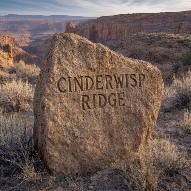 At a high desert canyon overlook, a weathered granite trail marker rises among sage and pale grasses; "CINDERWISP RIDGE" is deeply carved across its broad face, the cut letters catching slanting amber light. — Qwen Image 3.0