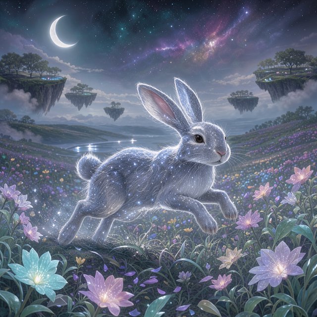 An ethereal rabbit, its fur made of shimmering moonlight, hops through a field of glowing, otherworldly flowers under a sky filled with nebulae. The landscape is dreamlike and surreal, with floating islands in the distance. The style is a delicate digital painting with fantasy elements, evoking a sense of wonder and tranquility. — FLUX 3 Image Klein