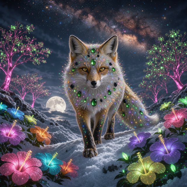 A fantasy still photography image of a majestic silver and gold fox, its fur coat features a breathtaking fiber-optic rainbow-glitter that shimmers with dense prismatic sparkles shifting vibrantly under the ethereal moonlight, the fox features deep silver undertones across its thick coat and is perched proudly in a front-facing posture, its fur is intricately adorned with embedded polished peridot and shimmering onyx that catch the glowing light, it is walking in an enchanted snow filled landscape filled with multicolored bioluminescent hibiscus flowers blooming in radiant neon shades and blooming pink bioluminescent trees with glowing green blossoms, the background features a dramatic full moon and a vibrant multicolored starry sky filled with multicolored swirling galaxy, a soft ethereal glow illuminates the fox's commanding silhouette, razor-sharp focus on its piercing golden eyes, magical realism style, fantasy art. — FLUX 3 Image