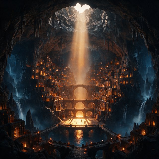 An ancient city carved inside a hollow mountain glows with windowlight, its terraced bridges spanning a blue-lit cavern while mineral mist rises around distant waterfalls and a narrow beam of sunrise reaches the deepest plaza. — Seedream 5.0 Pro